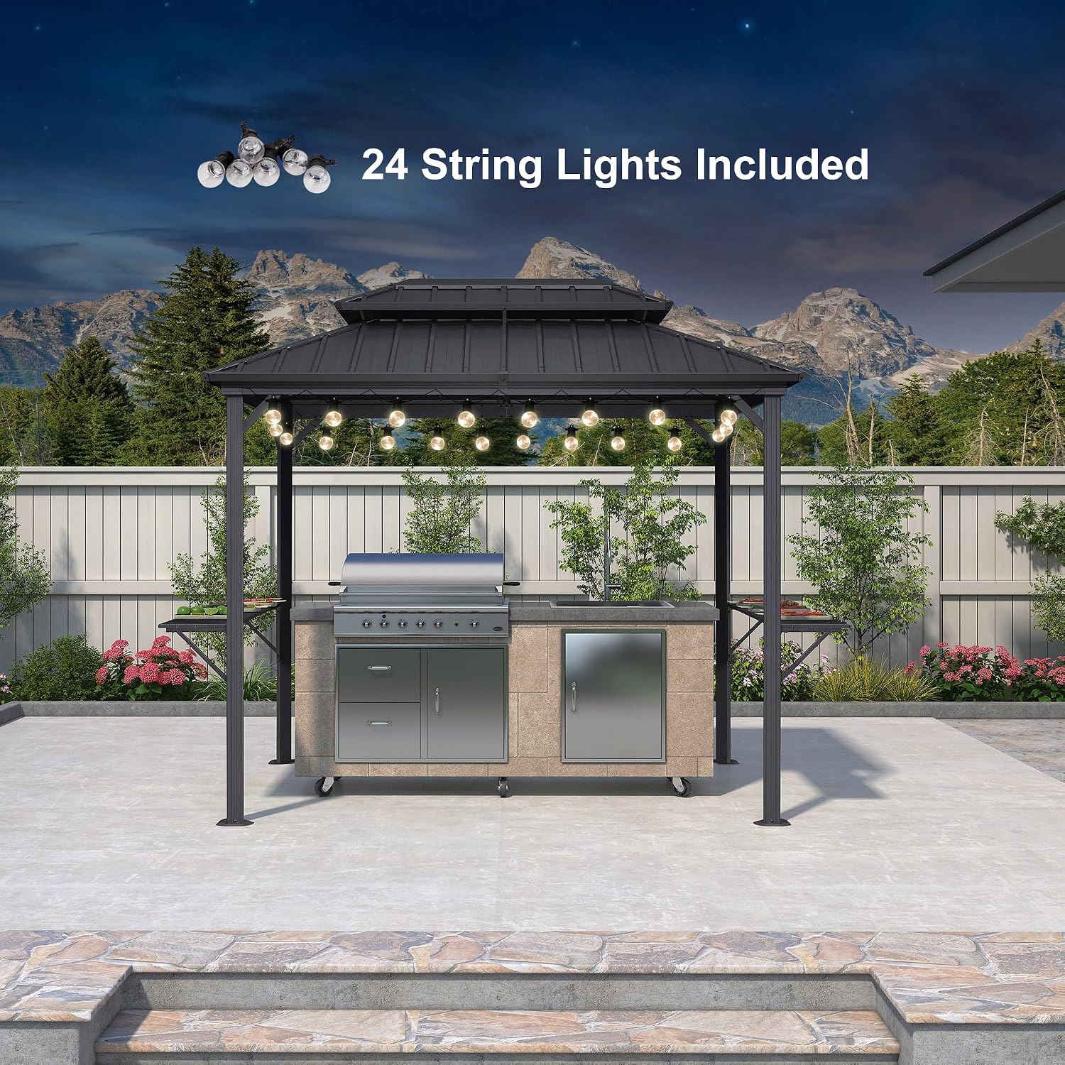 PURPLE LEAF 6' X 9' Hardtop Grill Gazebo for Patio Aluminum Barbeque Canopy with 24 Clear Light Bulbs and Shelves Double Tiered Grey Outdoor BBQ Gazebo