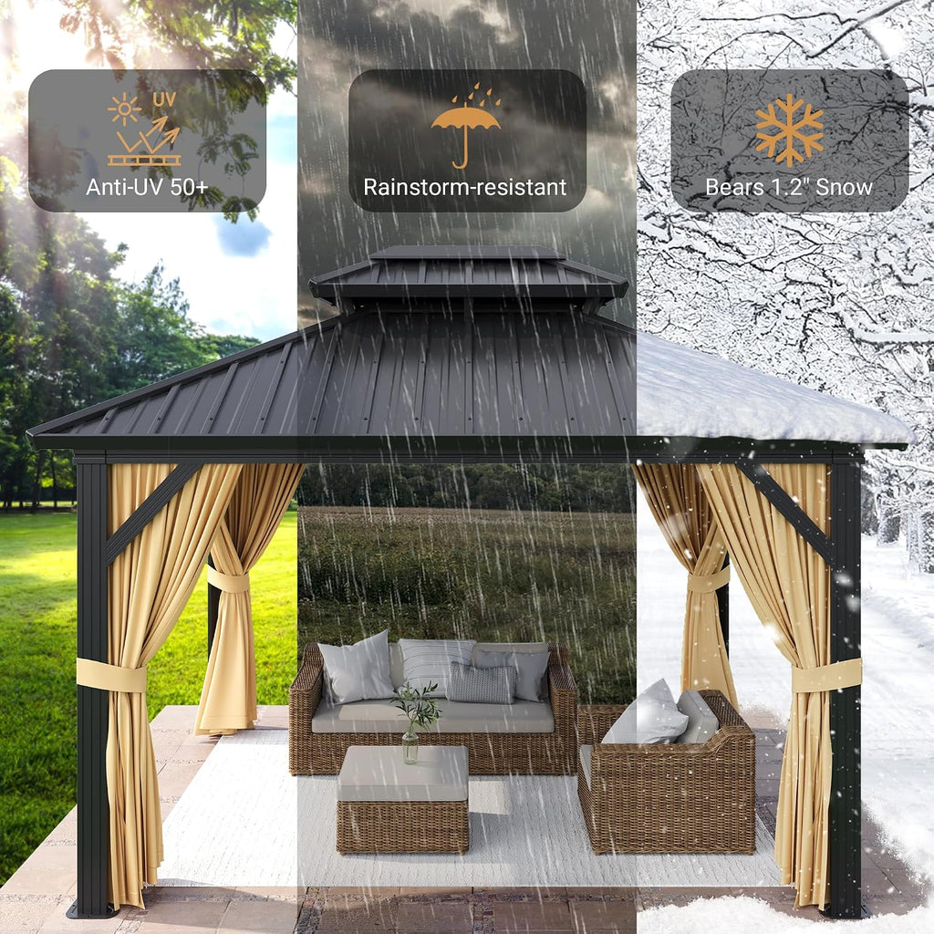 10 x 12 FT Hardtop Gazebo, Heavy Duty Aluminum Frame Gazebo with Double Roof, Permanent Building with Curtains and Netting for Backyard, Deck, Lawns, Khaki