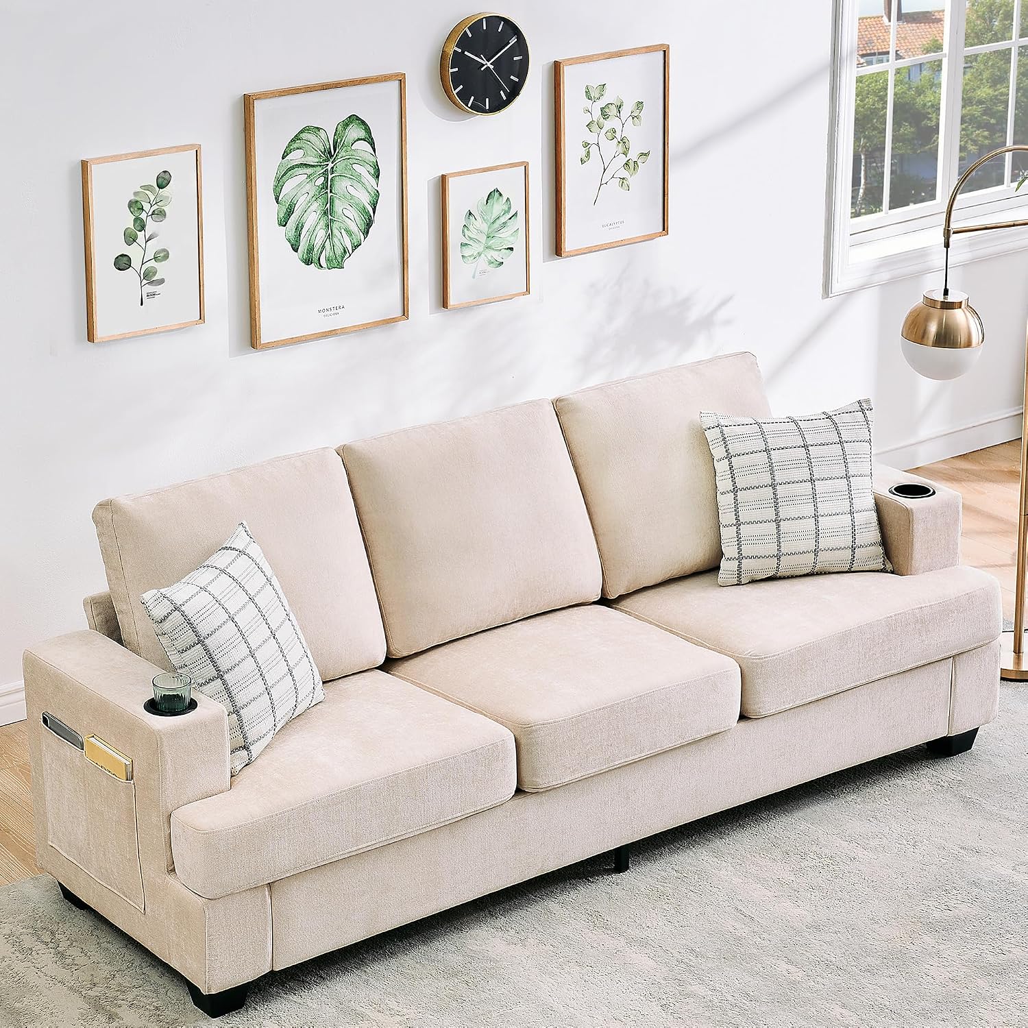 GAOMON 89' Chenille 3-Seater Sofa with Cup Holders and Side Storage Pockets, Modern Sofa for Living Room, Deep Seat Couches for Apartment Lounge, Beige