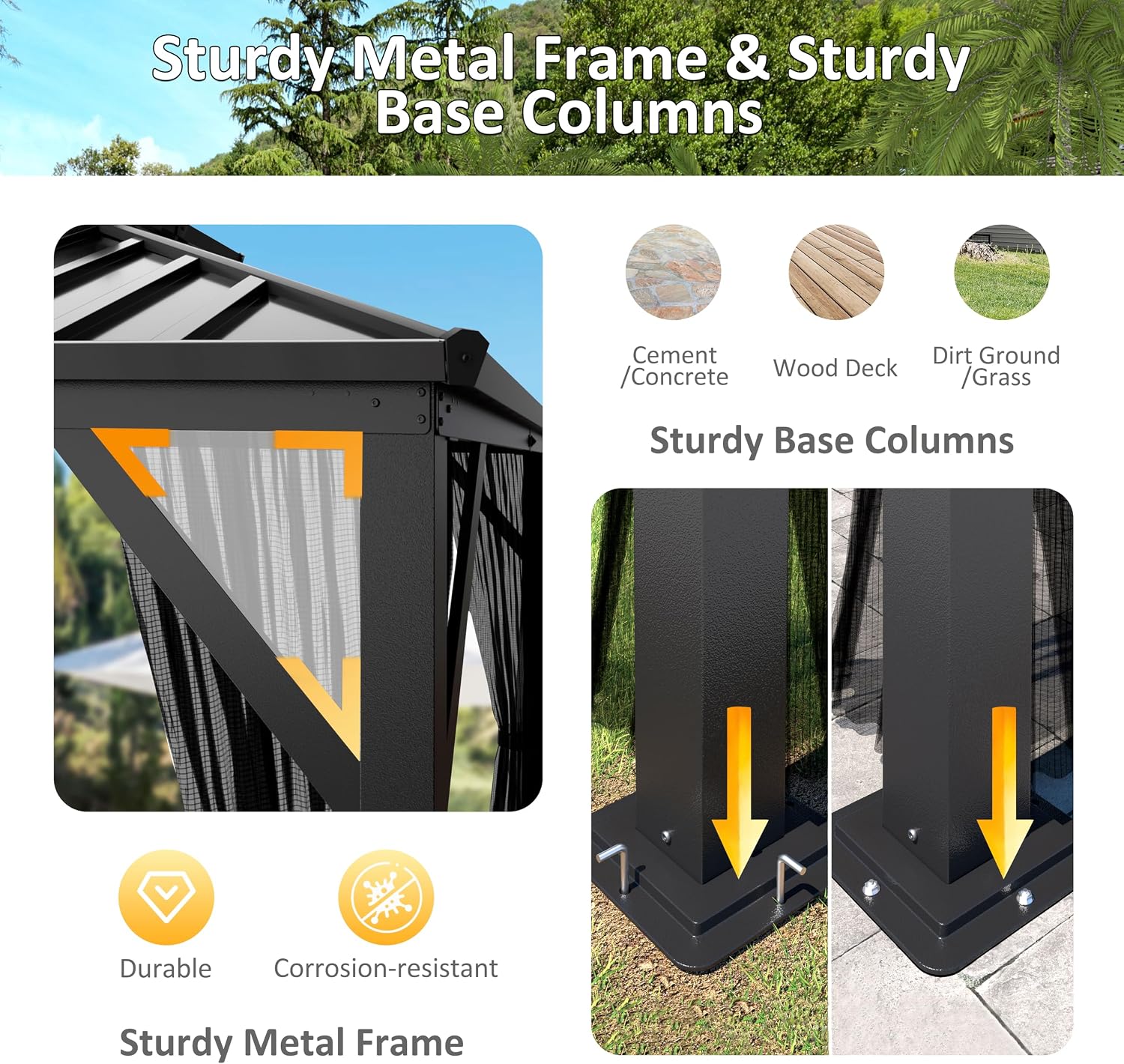 BlueWish 10x12 FT Hardtop Gazebo Canopy with Double Galvanized Steel Roof, Permanent Outdoor Pavilion with Mesh Netting for Patio, Backyard, Garden, Black
