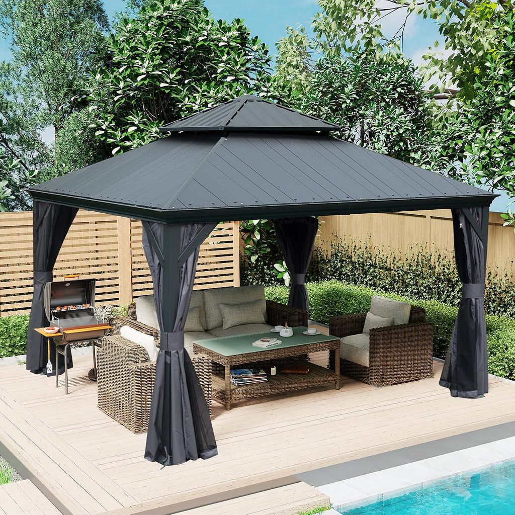 Domi 12' X 12' Hardtop Gazebo, Upgraded Metal Gazebo with Dual-Layer Resin Roof, Drainage System, Curtain and Netting, Outdoor Shelter Canopy for Patio, Garden, and Backyard, Grey
