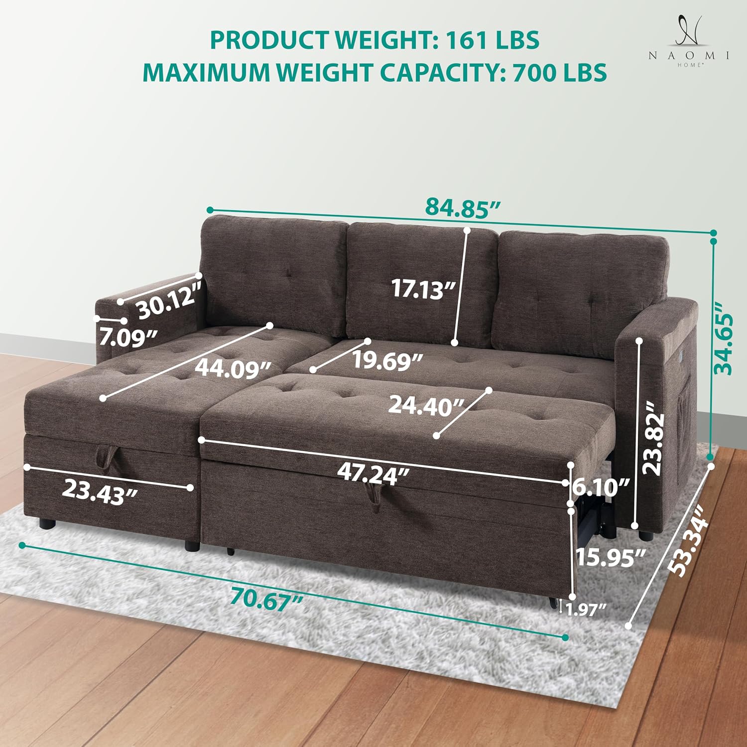 Naomi Home L-Shaped Sectional Sleeper Sofa with USB Ports - Convertible Pull-Out Bed, Ample Storage, Timeless Design, Durable Construction Espresso/Microfiber