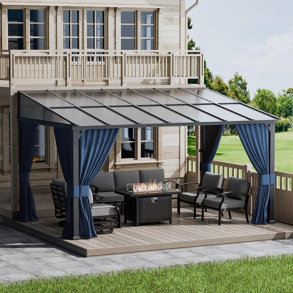 ALAULM 10'x 14' Outdoor Hardtop Pergola,Wall Mounted Lean to Gazebo with Curtains and Netting,Galvanized Metal Frame,Sunshade for Patio, Backyard, Deck and Lawns-Dark Blue