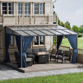 ALAULM 10'x 14' Outdoor Hardtop Pergola,Wall Mounted Lean to Gazebo with Curtains and Netting,Galvanized Metal Frame,Sunshade for Patio, Backyard, Deck and Lawns-Dark Blue