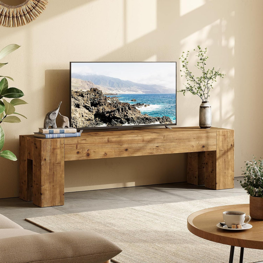 Solid Wood TV Stand, 63' Rustic Extra Long Heavy Duty Media TV Consoles Table with Sturdy Frame for Living Room Gaming Entertainment Center for TVs up to 70 Inches (Walnut)