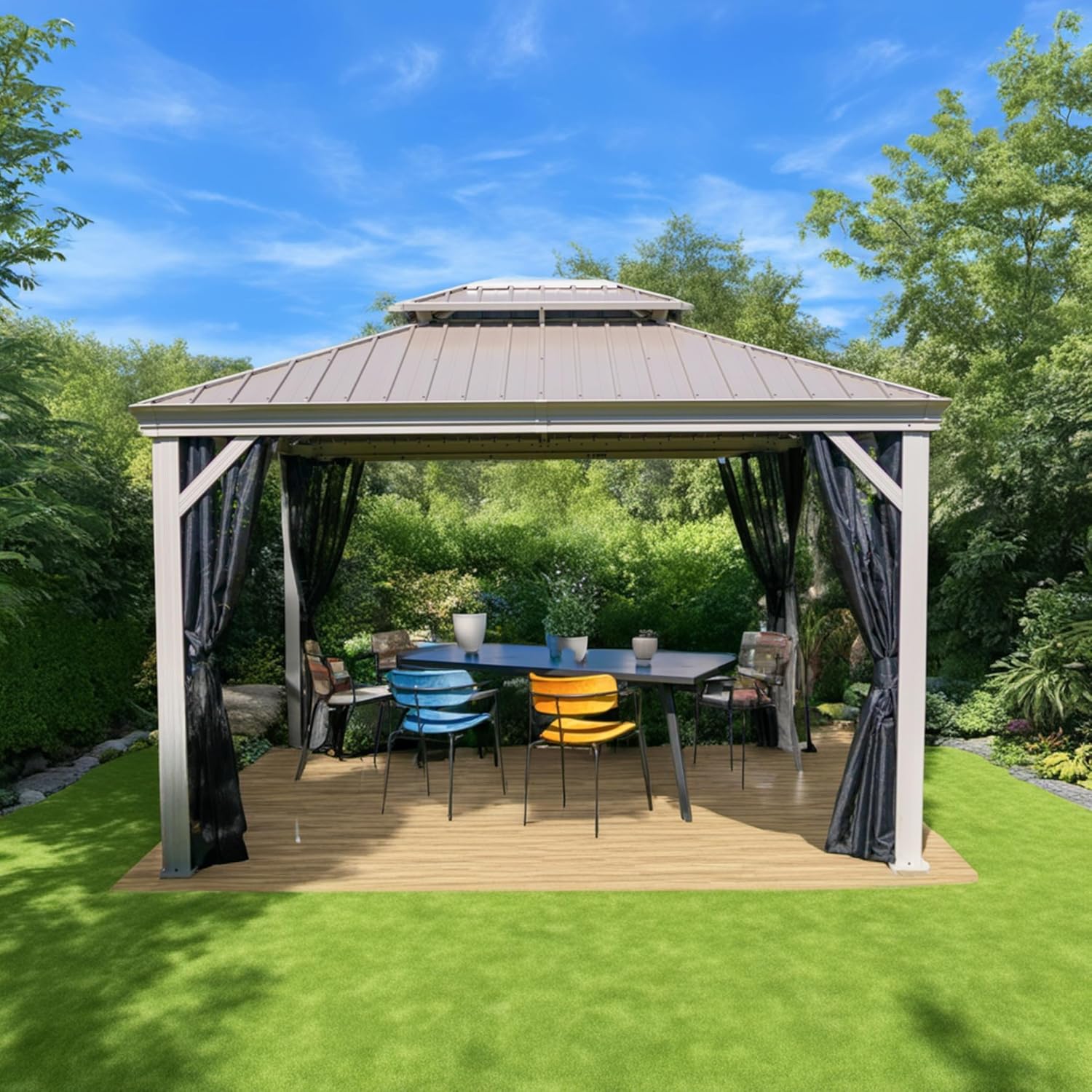 Hardtop Gazebo with Galvanized Steel Double Roof, Rustproof Aluminum Frame, Privacy Netting, and All-Weather Outdoor Shelter, Beige (12x12)