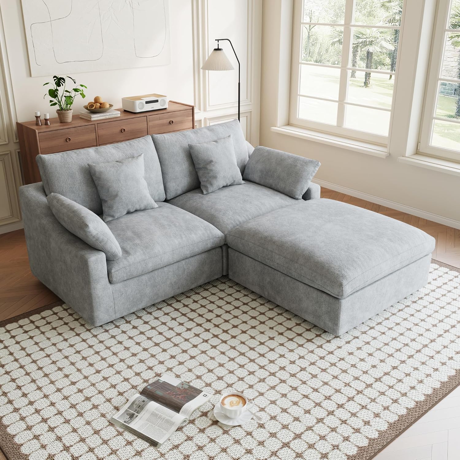 Modular Sectional Sofa Cloud Couch, 82.68' Loveseat Sofa with Chaise Ottoman, Linen Blend Fabric Minimalist Deep Seat Couches for Apartment Small Space, Sofa Covers Washable&Removable, Grey