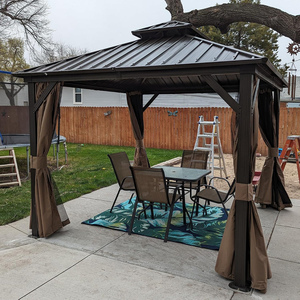 Domi Hardtop Gazebos 10x10FT, Aluminum Metal Gazebo with Galvanized Steel Double Roof Canopy, Curtain and Netting, Permanent Gazebo Pavilion for Patio, Backyard, Deck and Lawn, Brown
