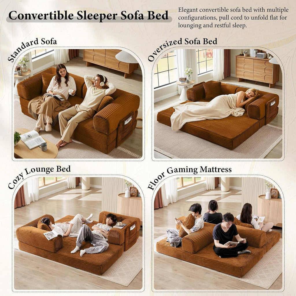 Boneless Couch Futon Sofa Bed Sectional Couches for Living Room,Cloud Couch with Sleeper Sofa,Sofas for Living Room Oversized Corduroy Upholstered (Orange, 81 Inches (with Iron Frame))