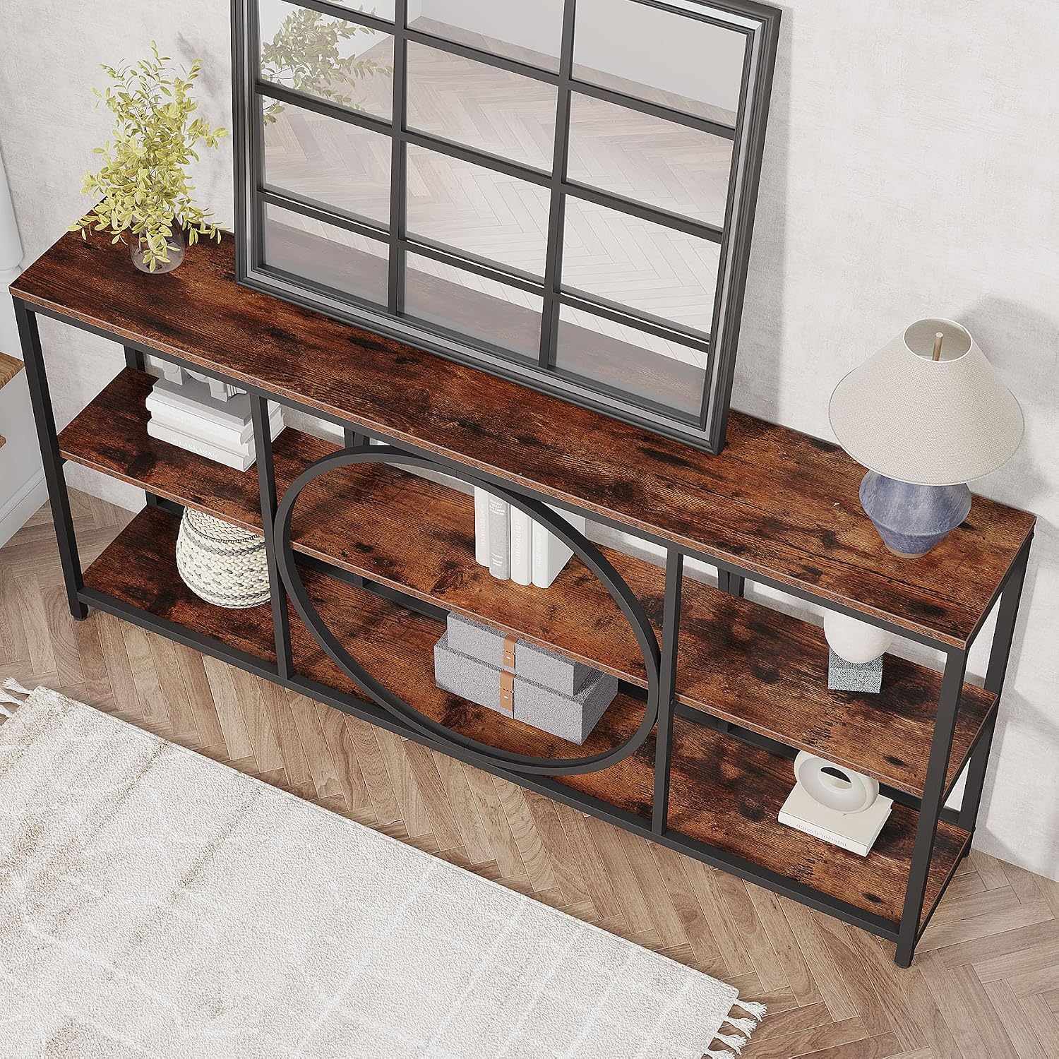 Tribesigns Extra Long Console Table, 70.9 inch Narrow Sofa Tables with 3 Tier Wood Storage Shelves Industrial Metal Frame for Entryway Hallway Living Room Behind Couch, Rustic Brown Black