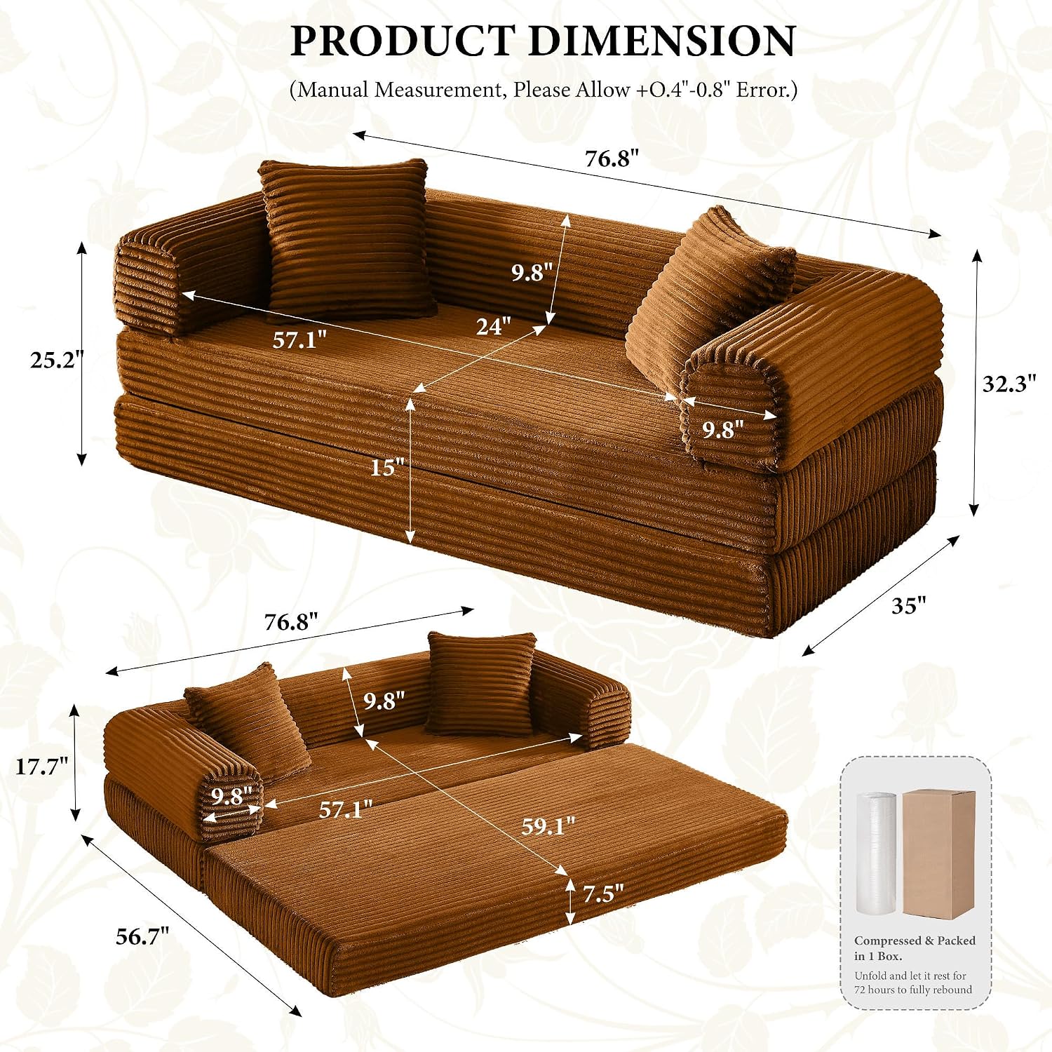 Boneless Couch Futon Sofa Bed Sectional Couches for Living Room,Cloud Couch with Sleeper Sofa,Sofas for Living Room Oversized Corduroy Upholstered (Orange, 76 Inches (No Iron Frame))