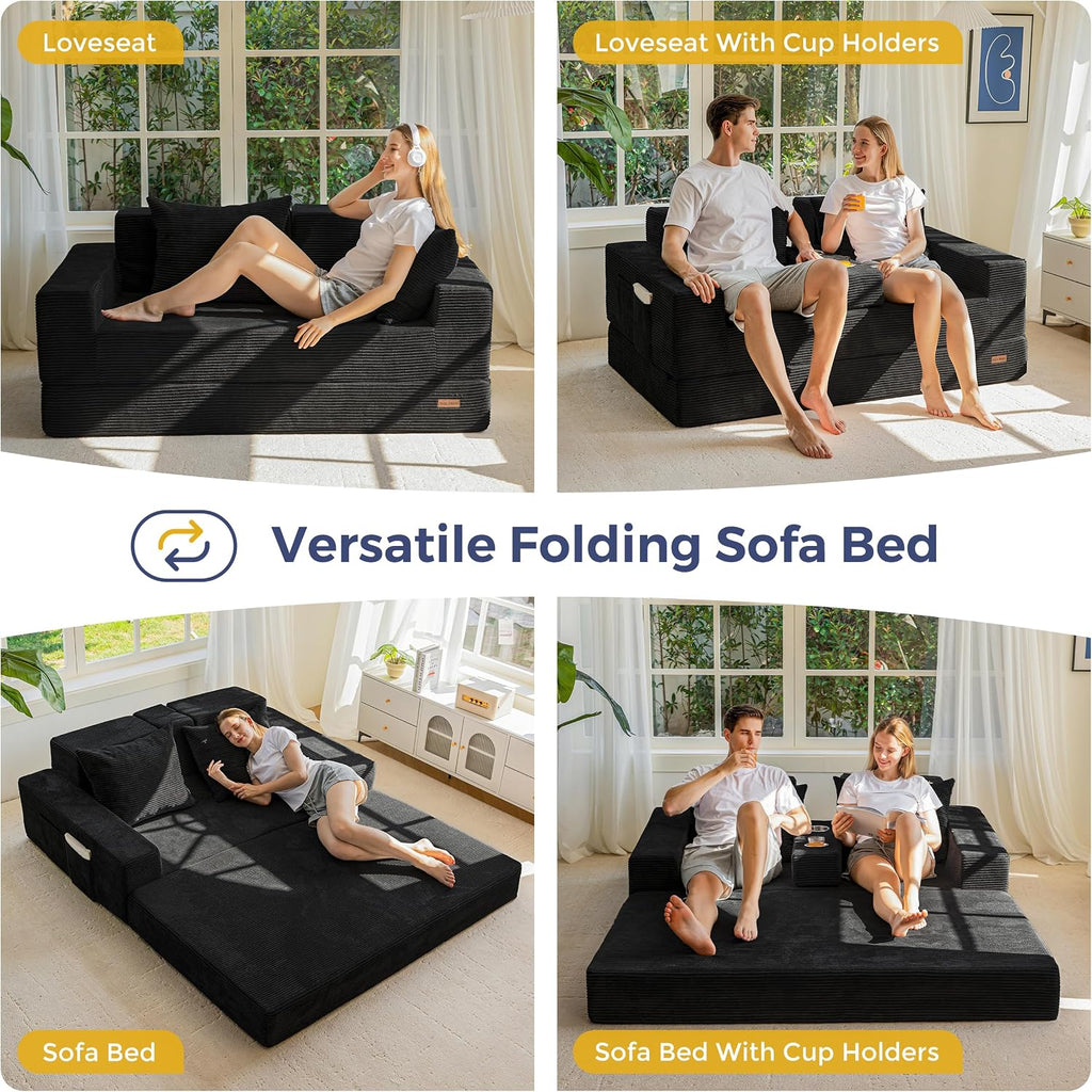 MAXYOYO Loveseat Sofa Bed, 64' Foldable Floor Sofa Couch in A Box with 2 Cup Holders, 4 in 1 Convertible Boneless Couch Folding Recliner Sleeper Chair for Living Room, No Assembly Required, Black