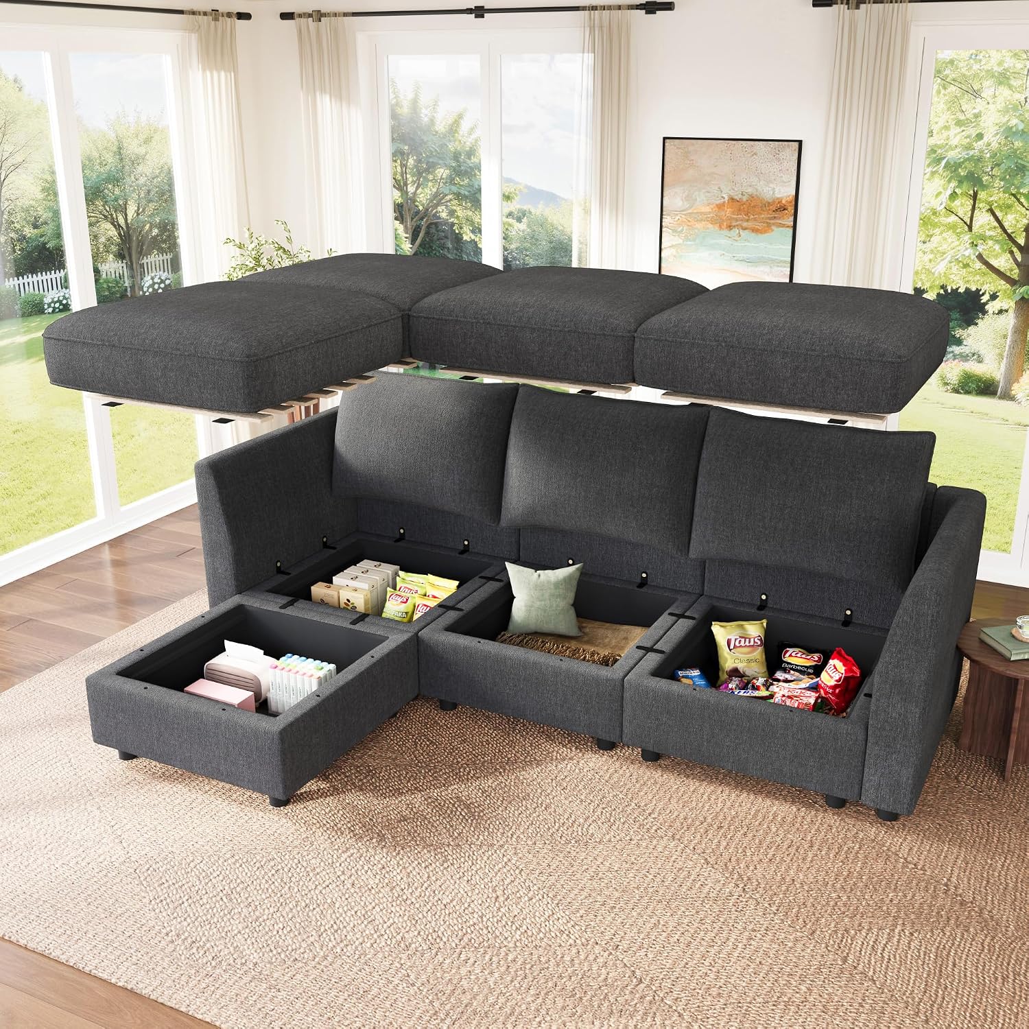 HONBAY Modular Sectional Sofa with Storage L Shaped Sectional Sofa, Convertible Couches for Living Room - Snowflake Velvet Grey