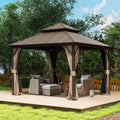 Domi 8'x8' Hardtop Gazebo, Outdoor Metal Gazebo with Galvanized Steel Double Roof, Curtains & Netting, Permanent Pavilion for Patio, Backyard, Party, Outdoor Dining, Brown