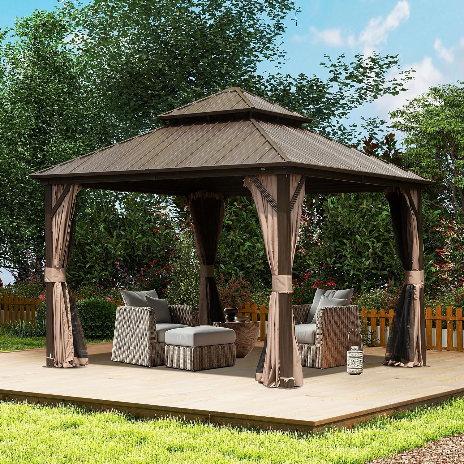 Domi 8'x8' Hardtop Gazebo, Outdoor Metal Gazebo with Galvanized Steel Double Roof, Curtains & Netting, Permanent Pavilion for Patio, Backyard, Party, Outdoor Dining, Brown