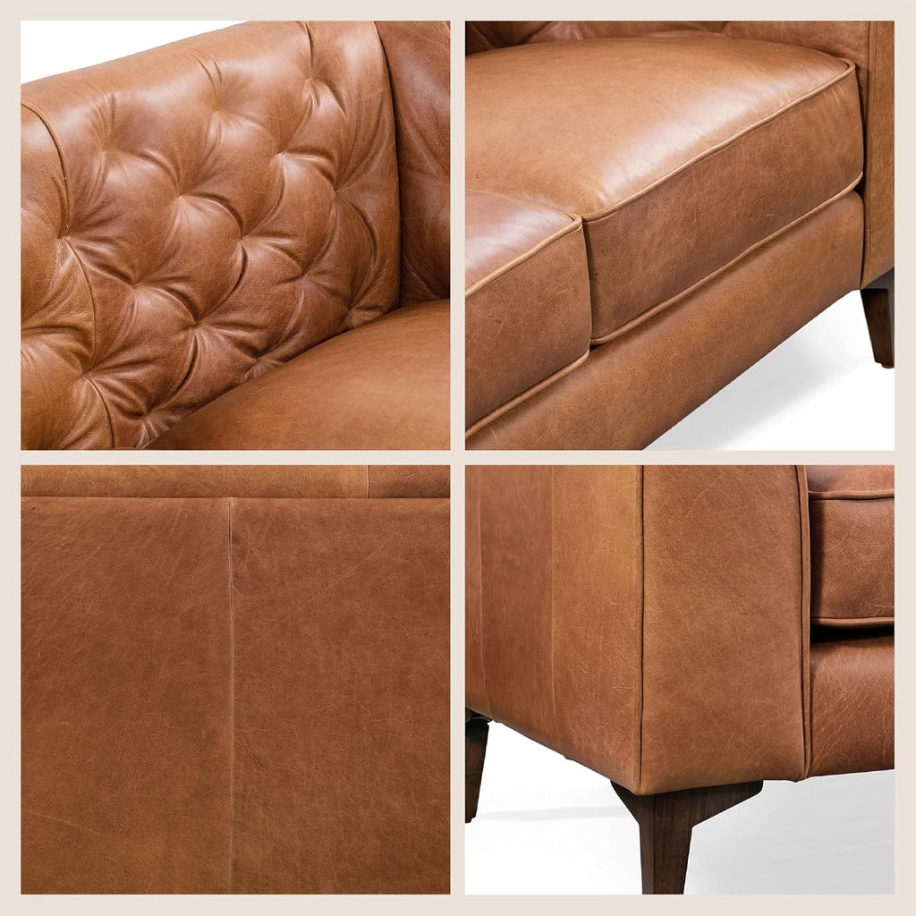POLY & BARK Essex 89' Full-Grain Italian Leather Sofa – Tufted Back, Feather-Down Comfort, Solid Wood Frame, Cognac Tan