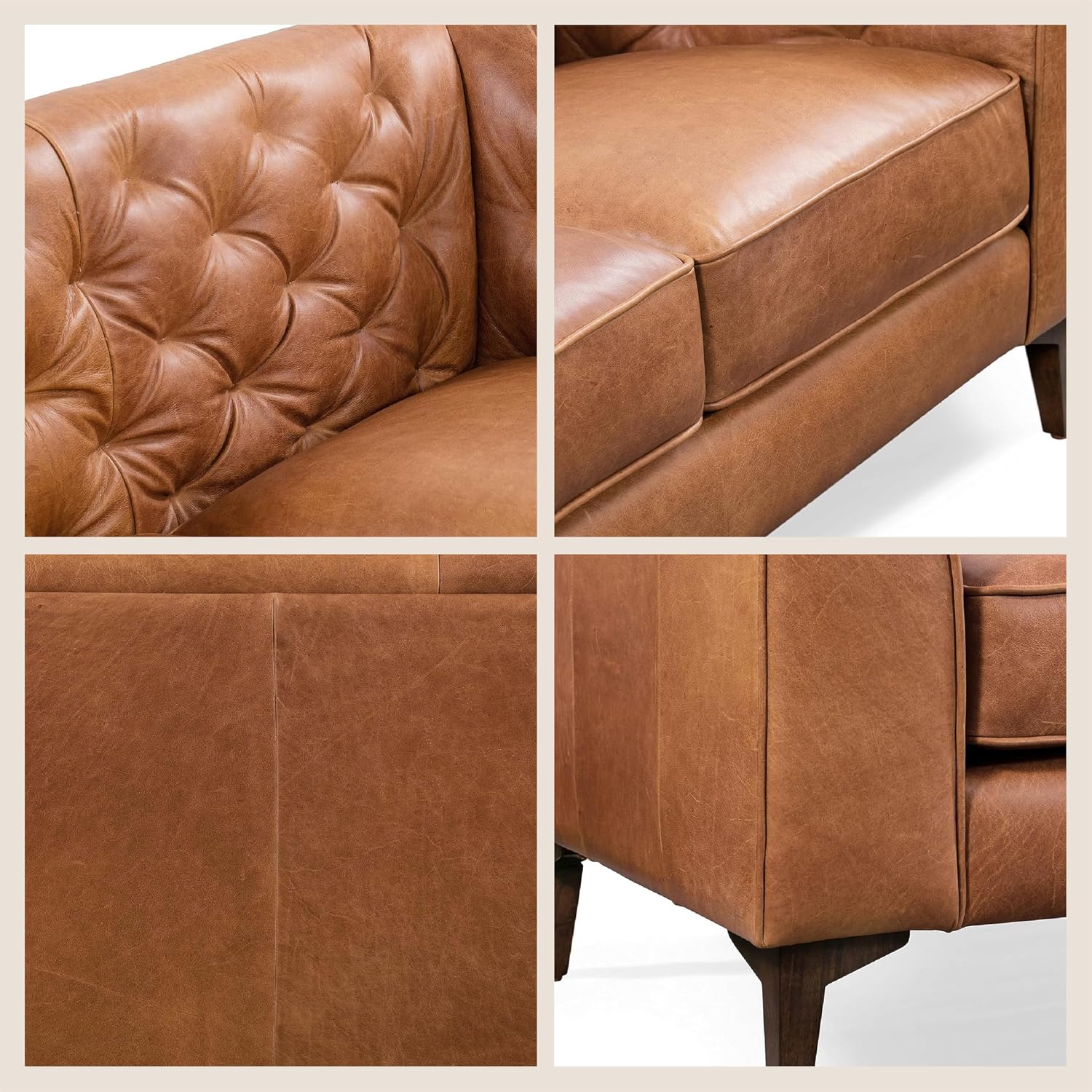 POLY & BARK Essex 89' Full-Grain Italian Leather Sofa – Tufted Back, Feather-Down Comfort, Solid Wood Frame, Cognac Tan