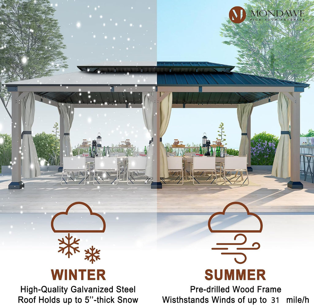 Cedar Wood Gazebo 12x20Ft Hardtop Gazebo with Curtains, Outdoor Permanent Gazebo Pergola with Galvanized Steel Double Roof Pavilion for Patio Lawn Garden