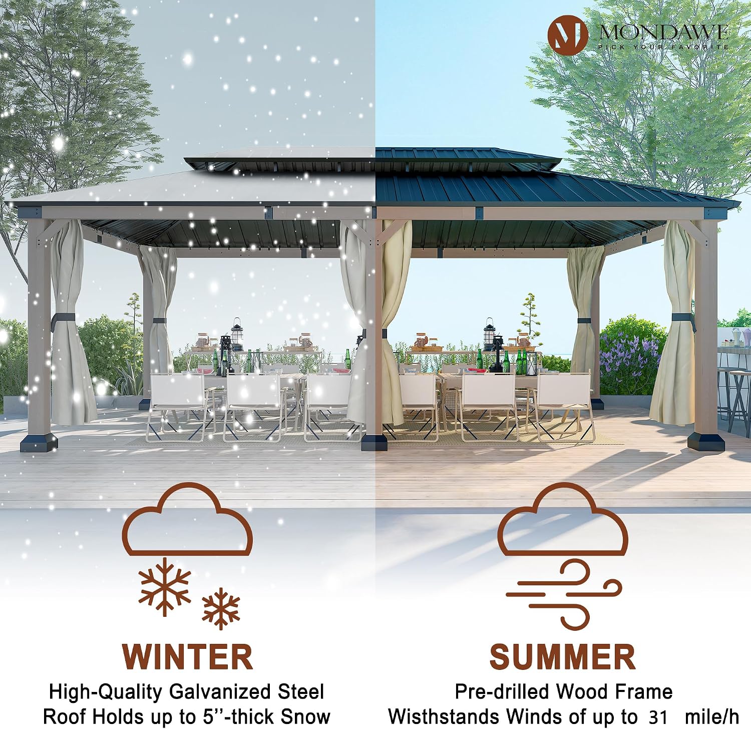 Cedar Wood Gazebo 12x20Ft Hardtop Gazebo with Curtains, Outdoor Permanent Gazebo Pergola with Galvanized Steel Double Roof Pavilion for Patio Lawn Garden