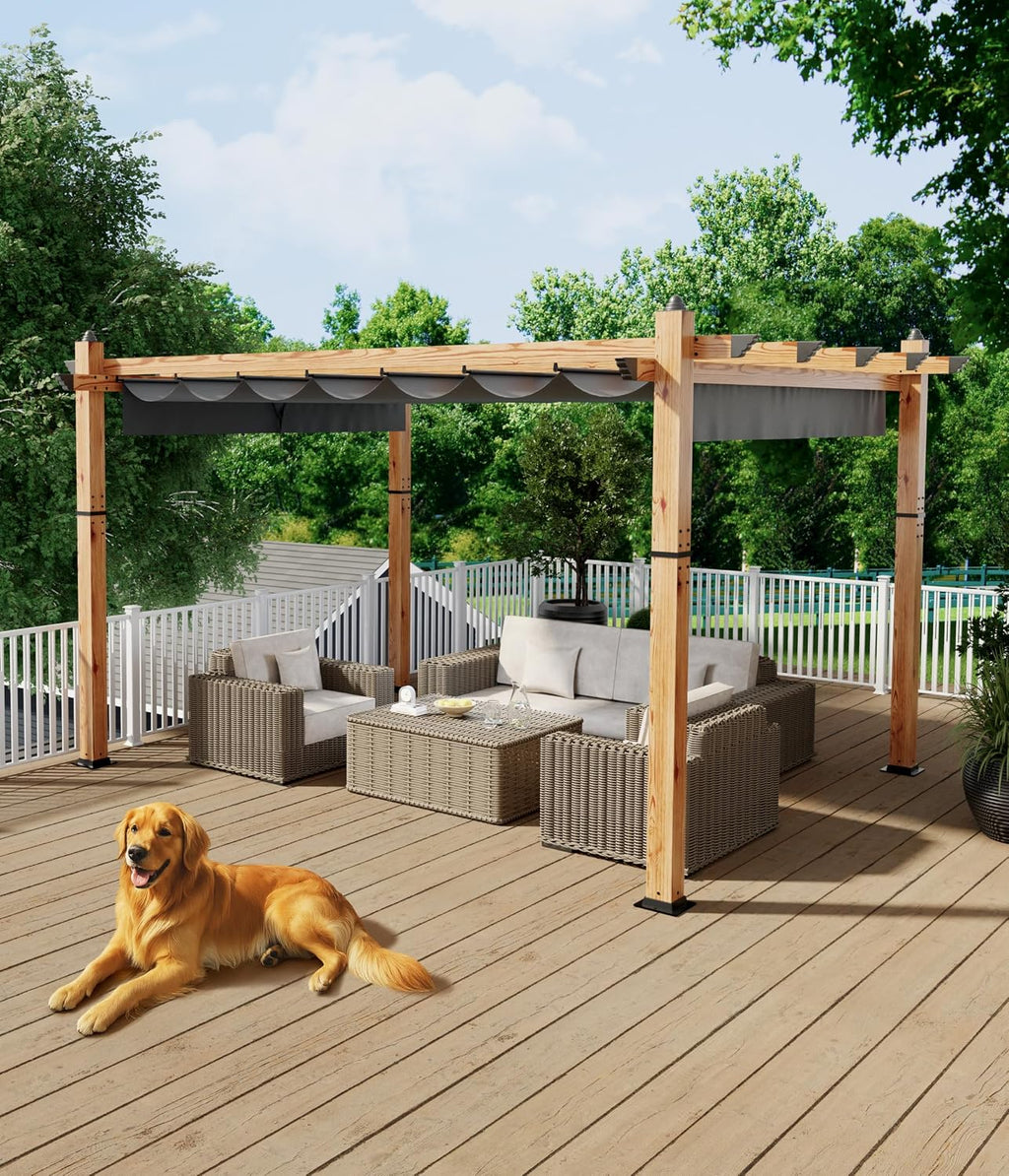 GarveeLife 10 x 13 ft Wood-Grain Outdoor Pergola with Retractable Canopy UV Protection Rust-Resistant Sturdy 4-Side Base for Patio Garden Backyard Deck (Gray)