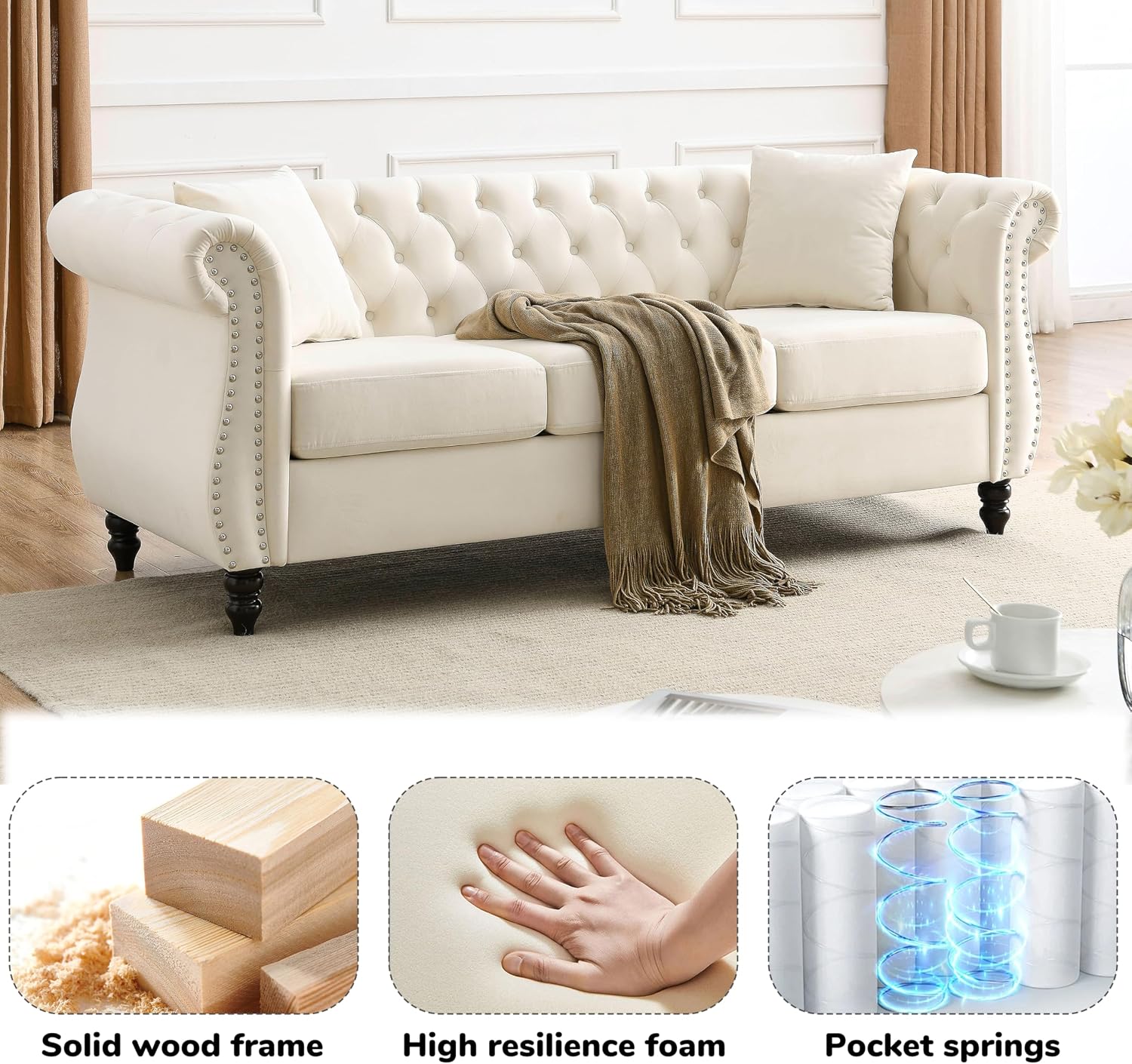 2 Piece Modern Beige Velvet 80' 3-Seater Sofa Sets, Upholstered Tufted Backrests with 8' Rolled Nailhead Arms, Combination Couch with 4 Pillows for Living Room