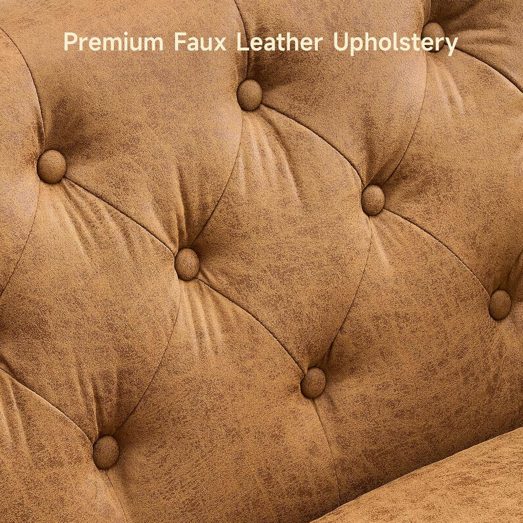 ONBRILL 79'' Faux Leather Couch for Living Room, Comfy Chesterfield Button-Tufted Sofa with 2 Bolster Pillows and Wood Legs, Mid-Century Modern Deep Seat Couch for Apartment, Office, Caramel