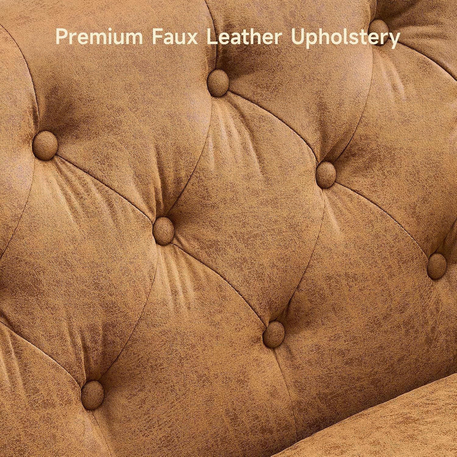 ONBRILL 79'' Faux Leather Couch for Living Room, Comfy Chesterfield Button-Tufted Sofa with 2 Bolster Pillows and Wood Legs, Mid-Century Modern Deep Seat Couch for Apartment, Office, Caramel