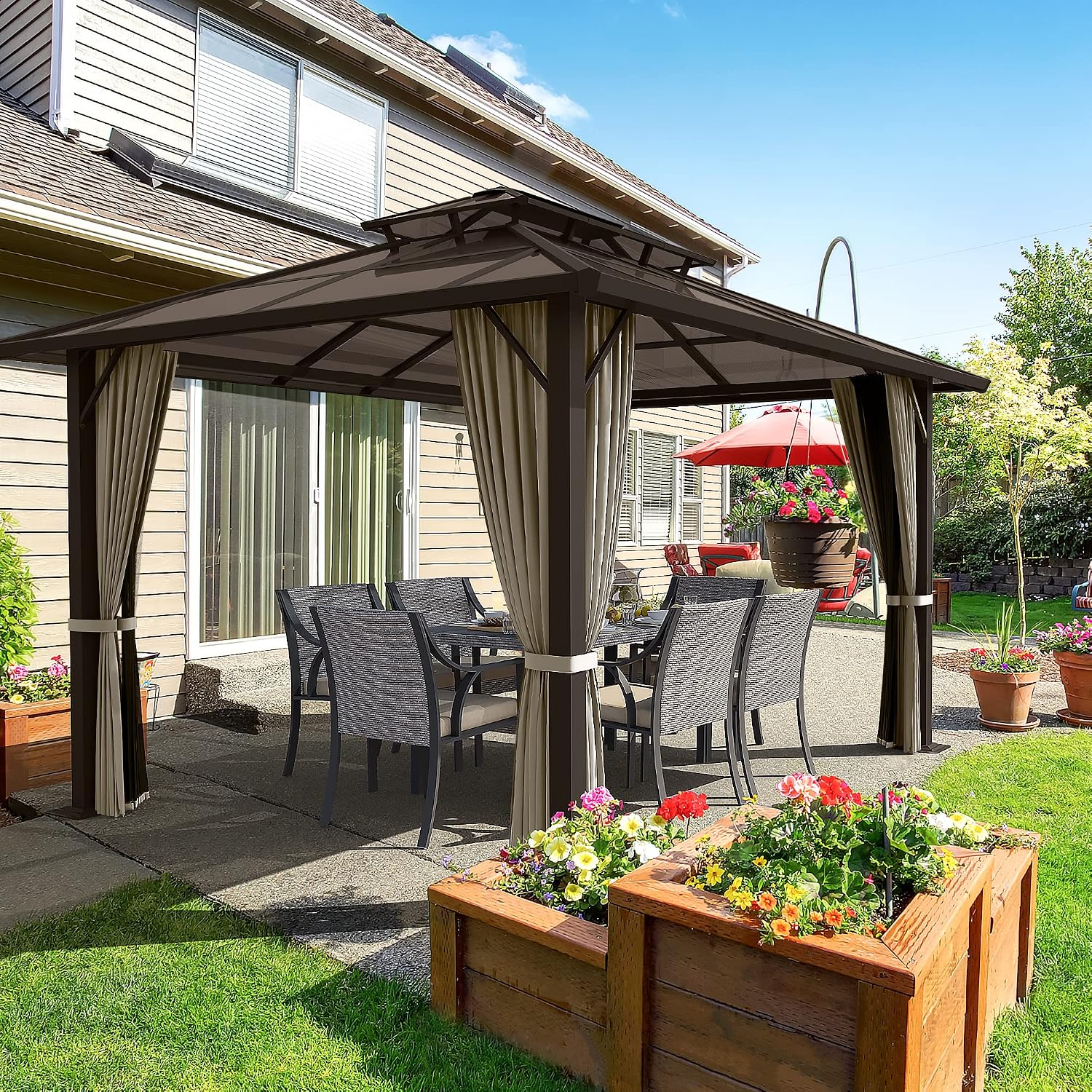 HAPPATIO 10'x 12' Outdoor Hardtop Gazebo, Polycarbonate Double Roof, Aluminum Furniture Gazebo Canopy with Netting and Curtains for Garden, Patio,Deck (Brown)