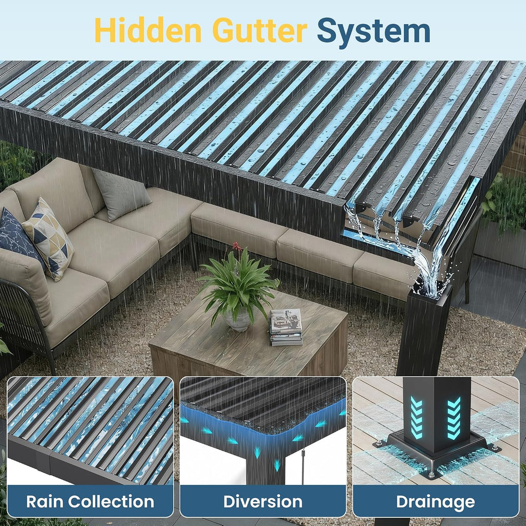 10' x 12' Louvered Pergola, Metal Outdoor Pergola with Adjustable Louvered Roof & Gutter System, Hardtop Patio Gazebo for Backyard, Deck, Garden, Dark Gray