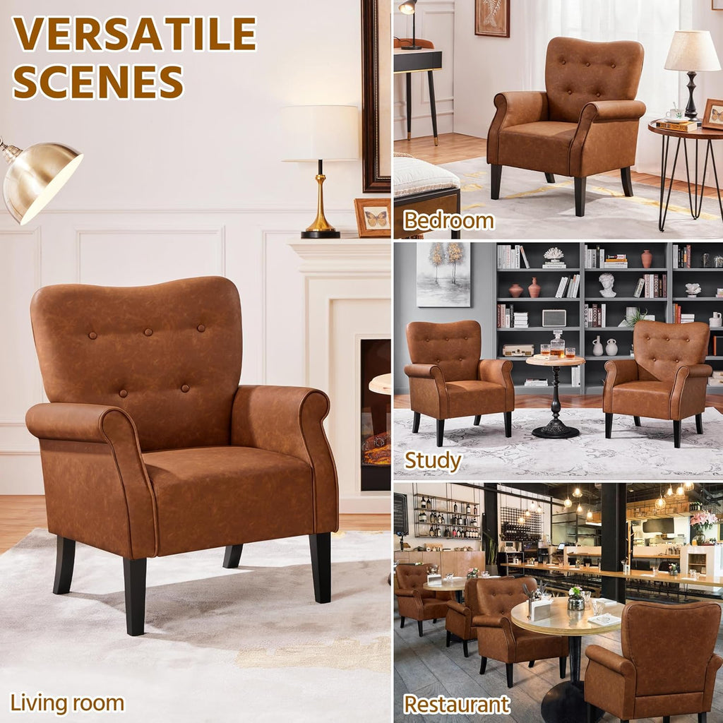 Yaheetech Modern Armchair, Mid Century PU Leather Accent Chair with Sturdy Wood Legs and High Back for Small Space, Upholstered Sofa Club Chair for Living Room/Bedroom/Office, Retro Brown