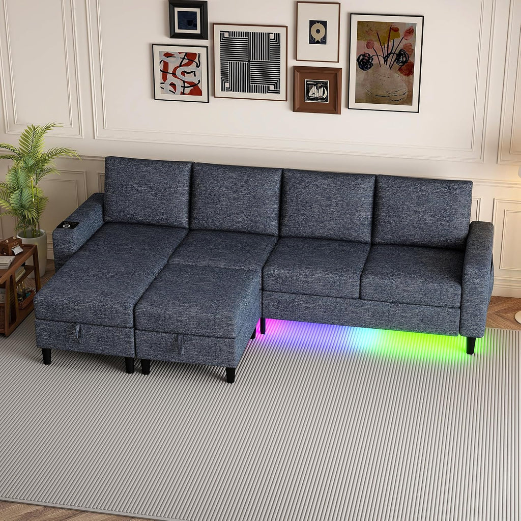 Sectional Couches for Living Room, 4 Seat Sectional Sofa with Smart Module-Wireless Charging/USB/Type-C/RGB Light, U Shaped Couch with Reversible Chaise Lounge/Storage Ottoman (Blue)