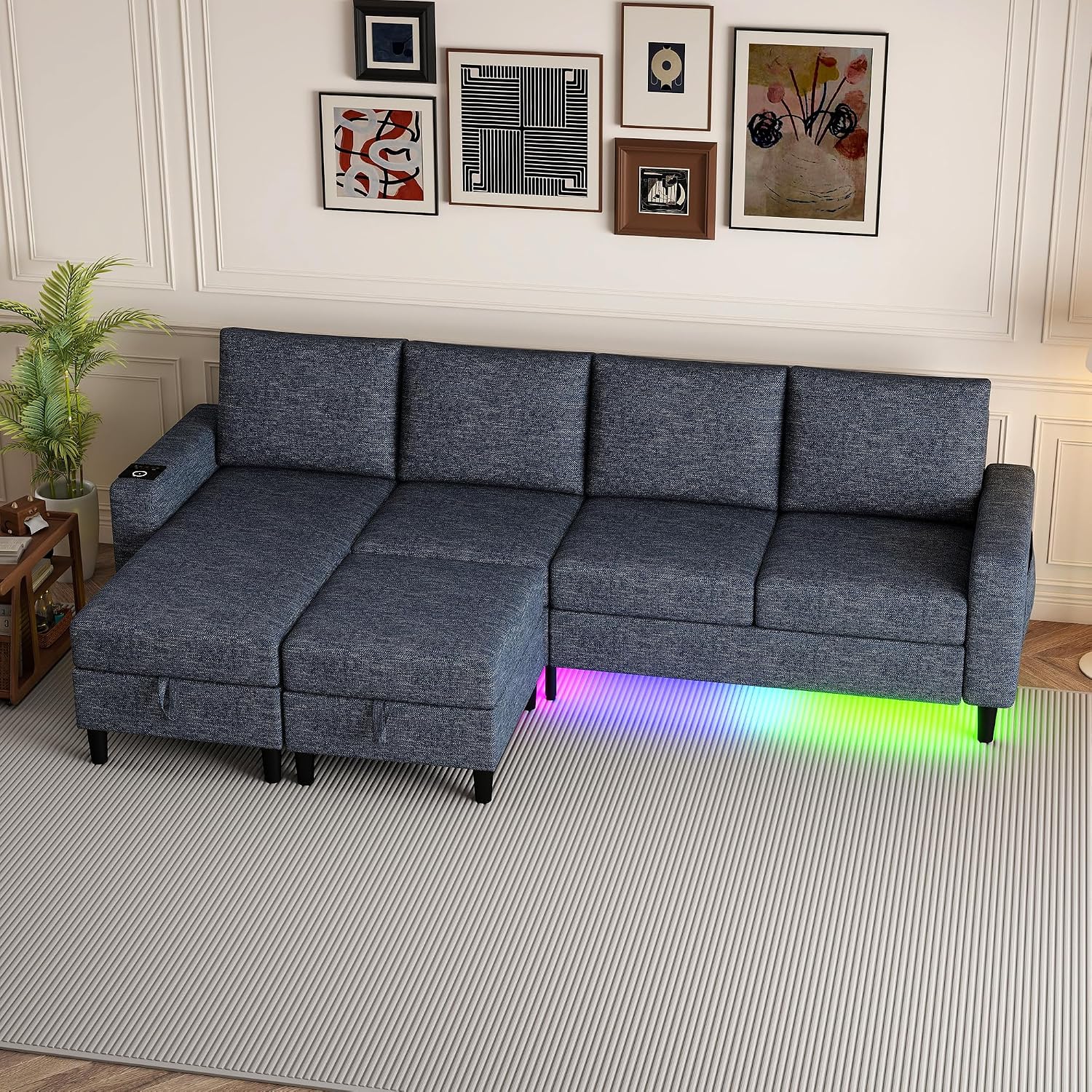 Sectional Couches for Living Room, 4 Seat Sectional Sofa with Smart Module-Wireless Charging/USB/Type-C/RGB Light, U Shaped Couch with Reversible Chaise Lounge/Storage Ottoman (Blue)