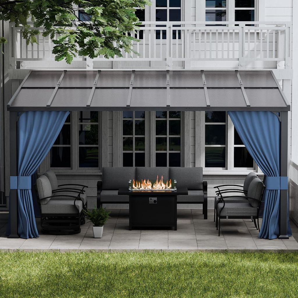 ALAULM 10'x 14' Outdoor Hardtop Pergola,Wall Mounted Lean to Gazebo with Curtains and Netting,Galvanized Metal Frame,Sunshade for Patio, Backyard, Deck and Lawns-Dark Blue