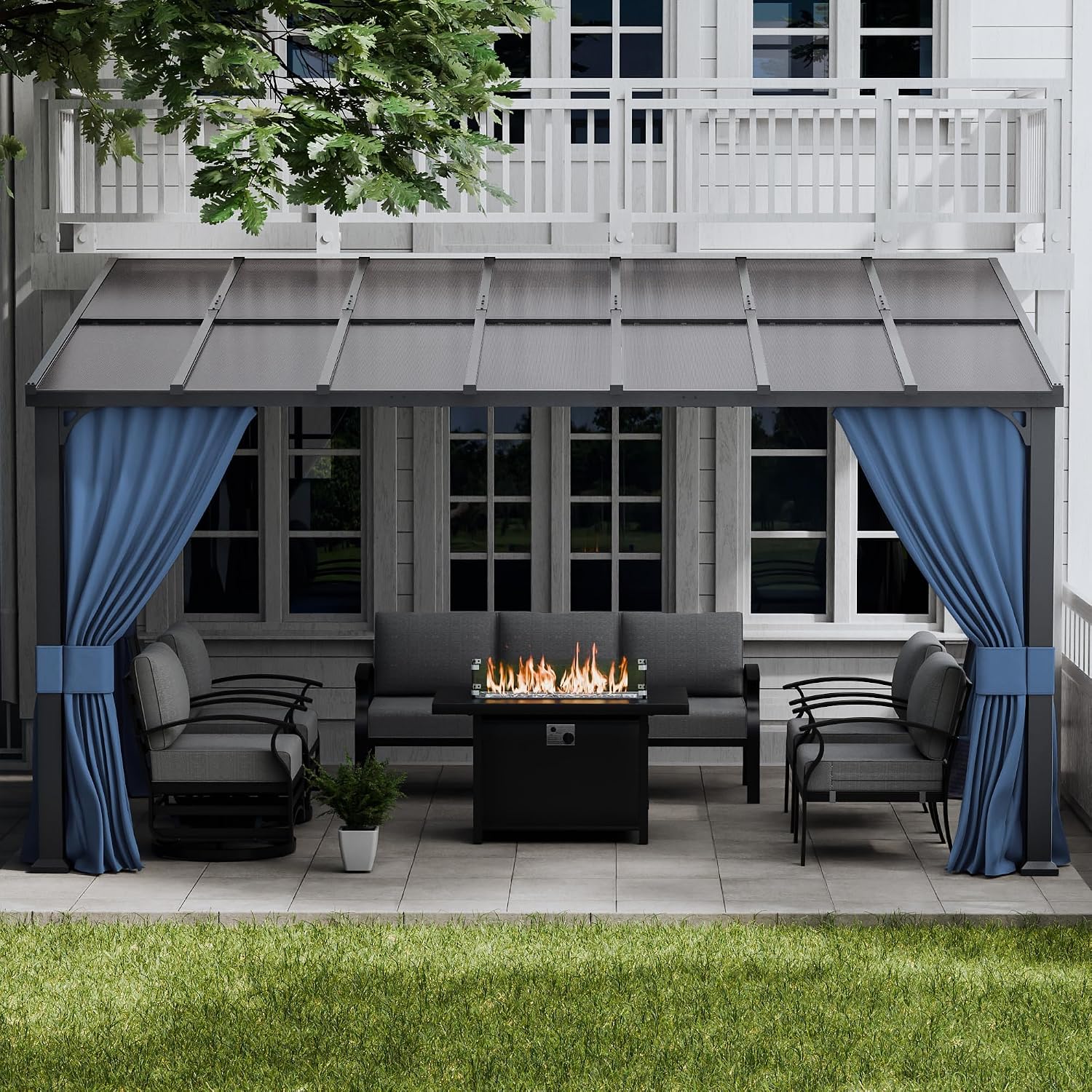 ALAULM 10'x 14' Outdoor Hardtop Pergola,Wall Mounted Lean to Gazebo with Curtains and Netting,Galvanized Metal Frame,Sunshade for Patio, Backyard, Deck and Lawns-Dark Blue