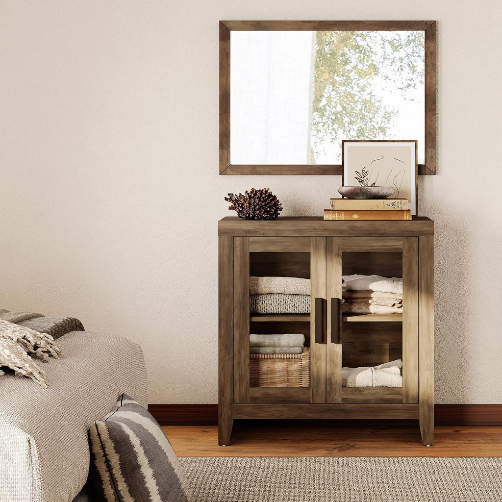 WAMPAT Farmhouse TV Stand for TVs up to 50', Rustic Wood Entertainment Center with Adjustable Shelf, Glass Doors & Storage, Media Console Cabinet for Living-Room, Bedroom, Brown
