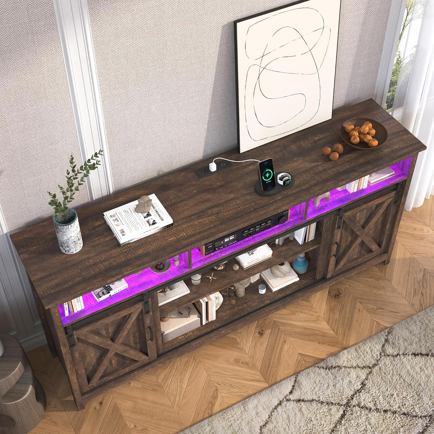 jiteentarou Farmhouse TV Stand for 80/75 Inch TV with Power Outlet, LED Entertainment Center with Storage and Sliding Barn Doors, Wood Media Console for Living Room, Brown