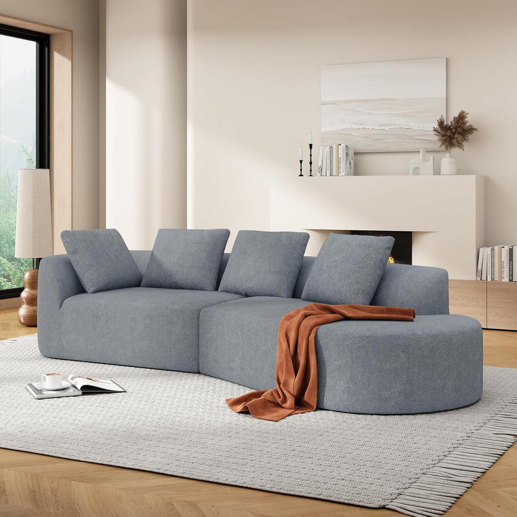 Merax 116' Curved Polyester Sectional Sofa, Modern Pearl Upholstery 3 Seat Cloud Couch with Chaise Lounge & 4 Pillows for Living Room, Light Gray