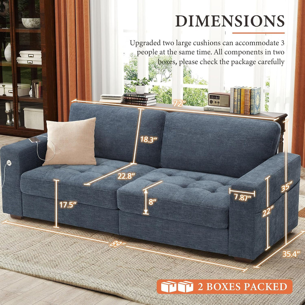 Ihanherry Modern Sofa Living Room Couch with USB/Type-C Charging Port, Comfy 3-Seats Chenille Recliner Sofa for Small Space, Removable Medium Firm Cushion, (89inch, Blue)