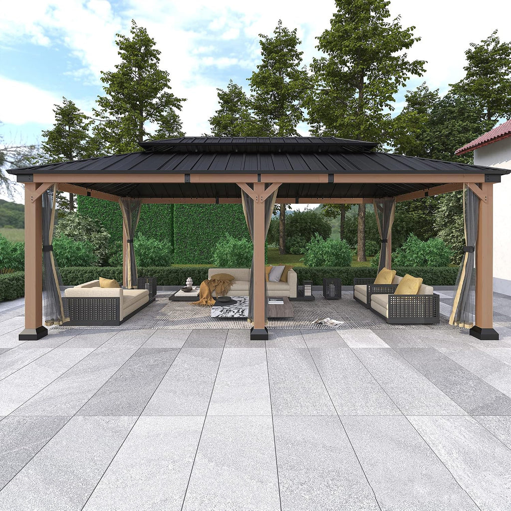 Cedar Wood Gazebo 12x20Ft Hardtop Gazebo with Netting, Outdoor Permanent Gazebo Pergola with Galvanized Steel Double Roof Pavilion for Patio Lawn Garden