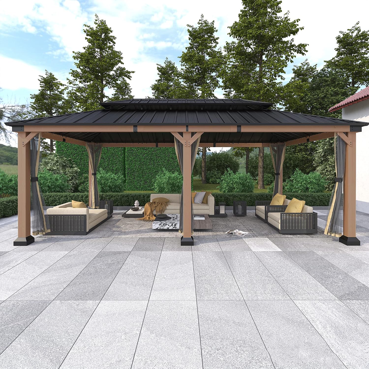 Cedar Wood Gazebo 12x20Ft Hardtop Gazebo with Netting, Outdoor Permanent Gazebo Pergola with Galvanized Steel Double Roof Pavilion for Patio Lawn Garden