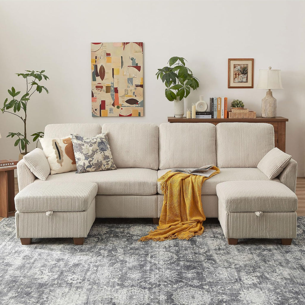 102' Convertible Sectional Sofa, 4-Seat U Shaped Couch with Storage Chaise Lounge, Modern Corduroy Fabric Sectional Couches for Living Room, Beige