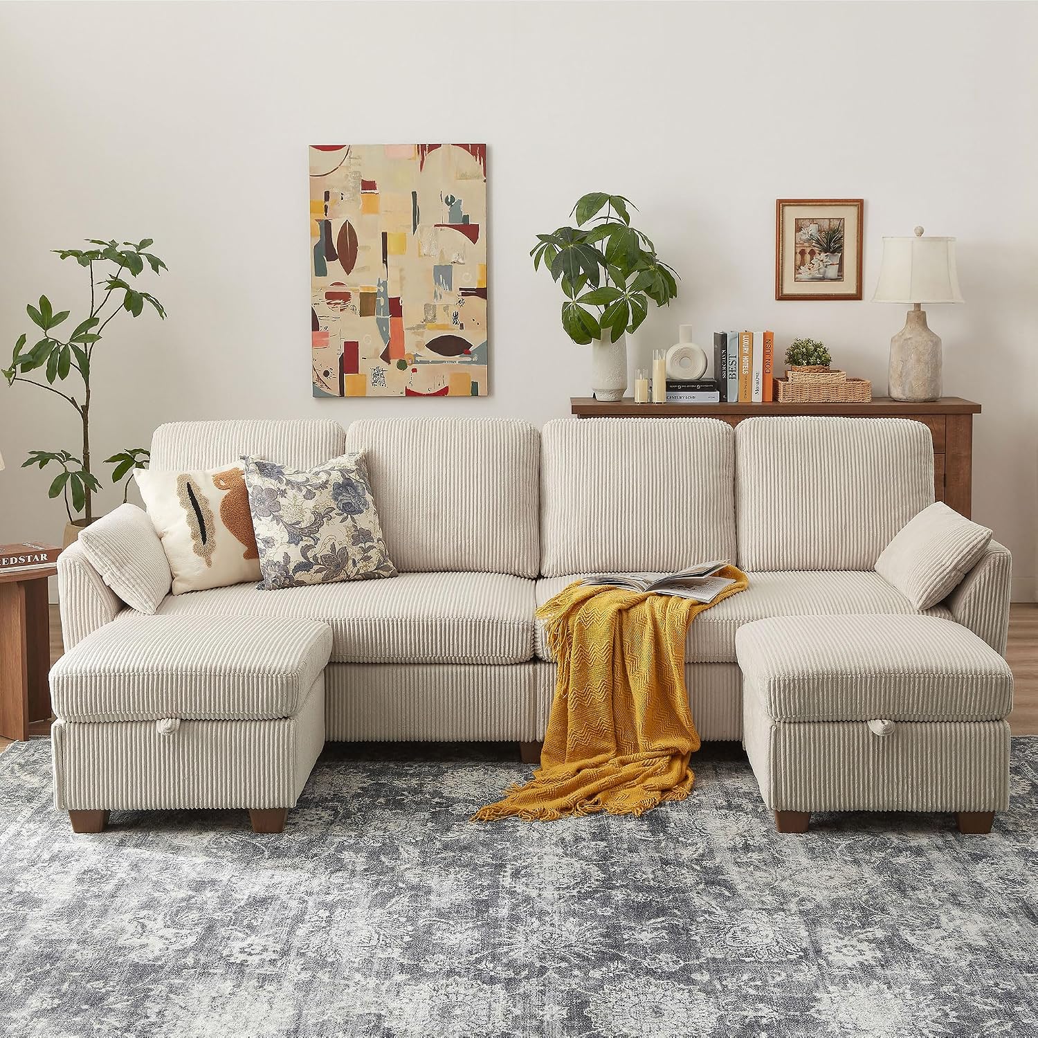 102' Convertible Sectional Sofa, 4-Seat U Shaped Couch with Storage Chaise Lounge, Modern Corduroy Fabric Sectional Couches for Living Room, Beige