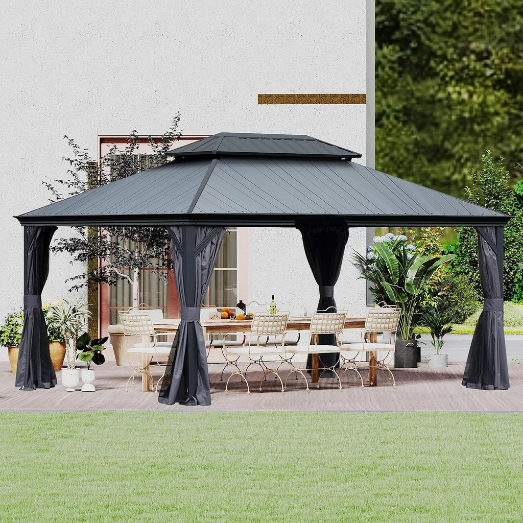 Domi 12' X 16' Hardtop Gazebo, Upgraded Metal Gazebo with Dual-Layer Resin Roof, Drainage System, Curtain and Netting, Outdoor Shelter Canopy for Patio, Garden, and Backyard, Grey