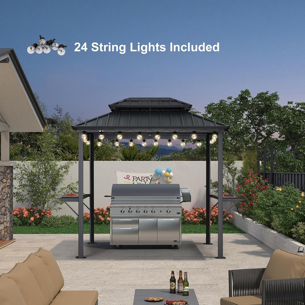 PURPLE LEAF 6' X 8' Hardtop Grill Gazebo for Patio Aluminum Barbeque Gazebo Canopy with 24 Clear Light Bulbs and Shelves Double Tiered Grey Outdoor BBQ