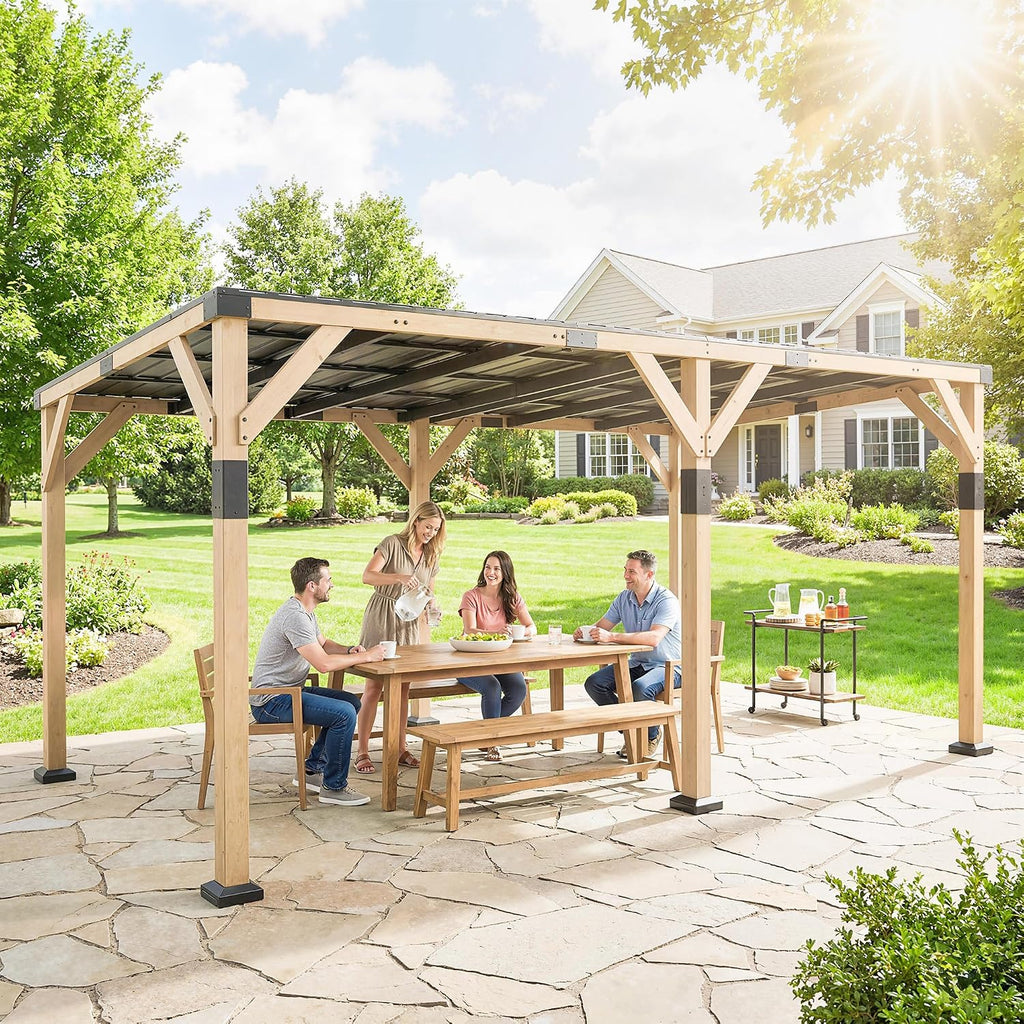Outsunny 10' x 20' Wooden Gazebo, Hardtop Lean-to Gazebo Pergola with Galvanized Steel Sloped Roof, Large Heavy Duty Awning for Patio, Deck, Backyard, Light Walnut