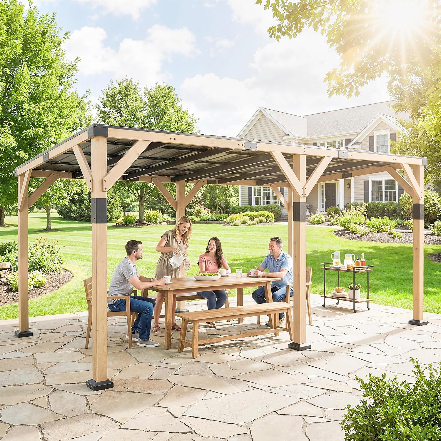 Outsunny 10' x 20' Wooden Gazebo, Hardtop Lean-to Gazebo Pergola with Galvanized Steel Sloped Roof, Large Heavy Duty Awning for Patio, Deck, Backyard, Light Walnut