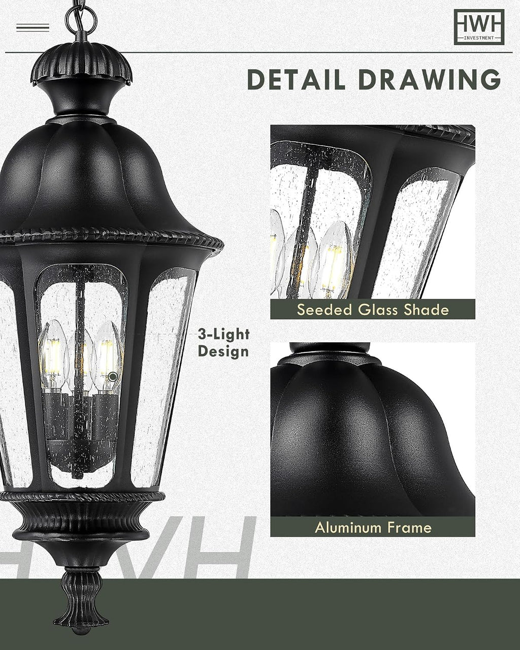 Outdoor Pendant Lights for Porch, HWH 26'' Large Exterior Hanging Light Fixtures with Seeded Glass, Outdoor Hanging Chandelier for Porch Patio Gazebo Hallway, Matte Black Finish, 5HW90H-L BK