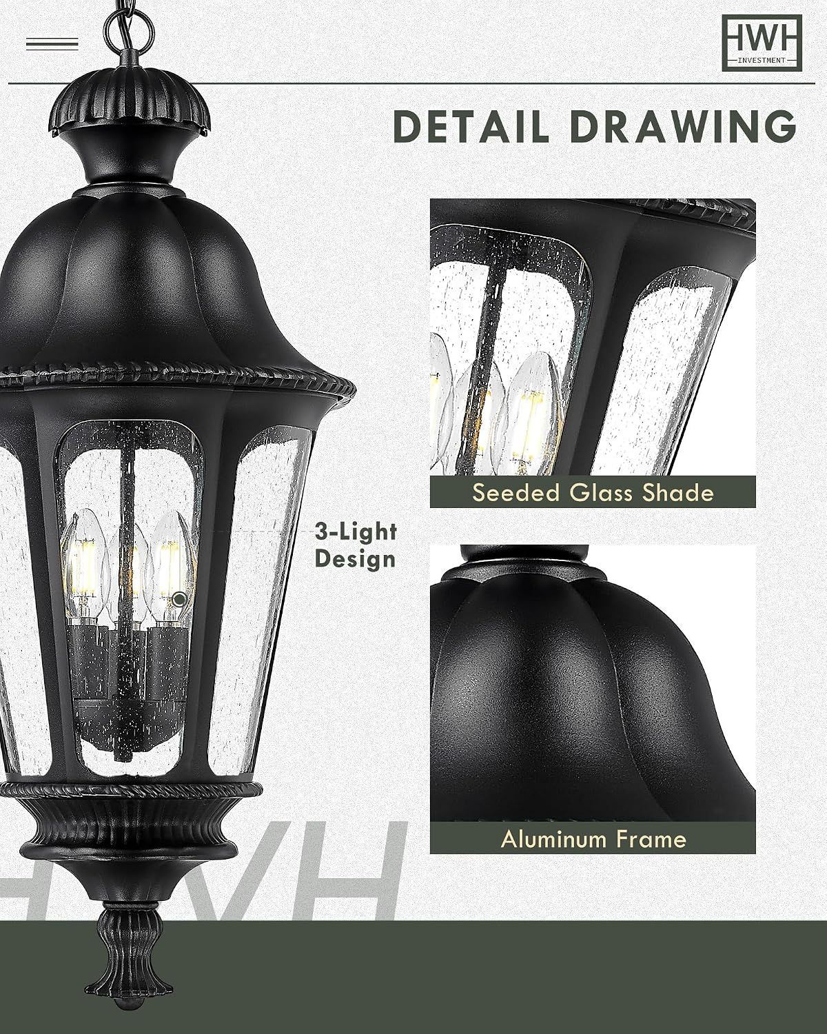 Outdoor Pendant Lights for Porch, HWH 26'' Large Exterior Hanging Light Fixtures with Seeded Glass, Outdoor Hanging Chandelier for Porch Patio Gazebo Hallway, Matte Black Finish, 5HW90H-L BK