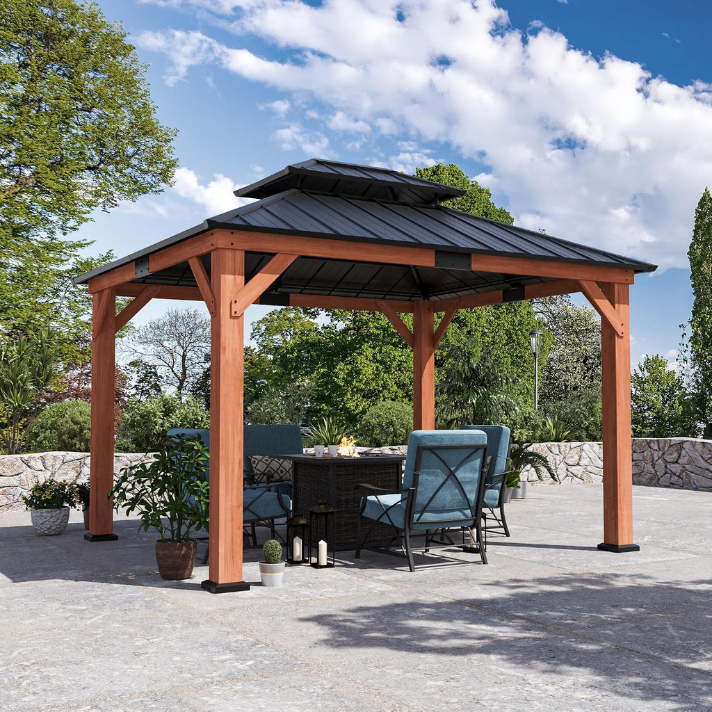 Big Leaf Wood Gazebo 10'x12', Cedar Frame Hardtop Gazebo with Double Galvanized Steel Roof & Grill Shelter, Sturdy Hook Design for Outdoor Patio, Deck, Garden and Backyard