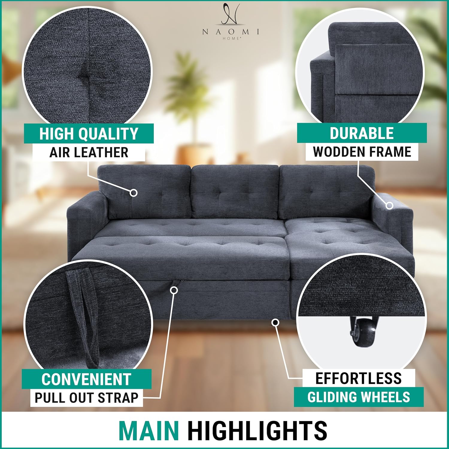 Naomi Home L-Shaped Sectional Sleeper Sofa with USB Ports - Convertible Pull-Out Bed, Ample Storage, Timeless Design, Durable Construction Gray/Microfiber